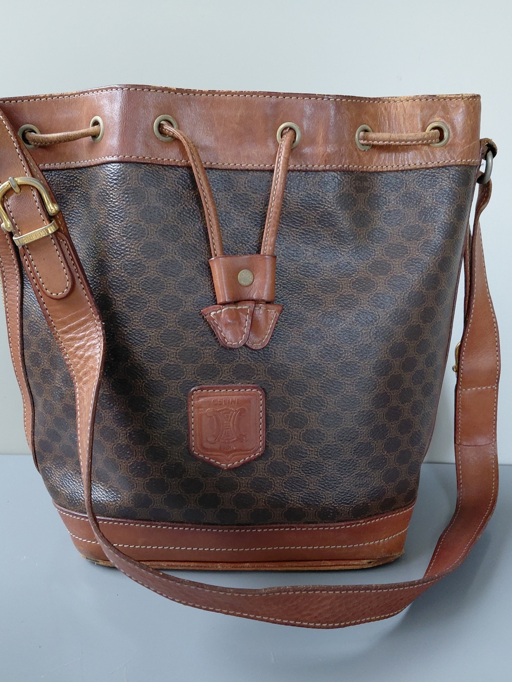 Celine Brown Monogram Canvas Bucket Shoulder Bag with Tan Trim
